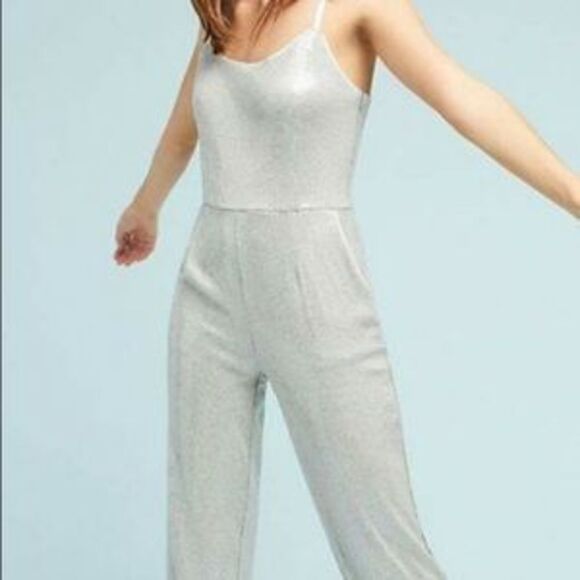 Ett Twa Claudette Anthropologie Silver Sequin Jumpsuit - Picture 2 of 10